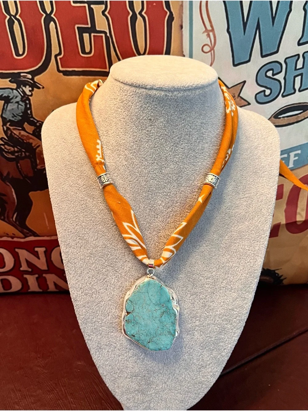 Boho, Festival Concert Turquoise “Dandelion” Bandana Scarf on Terracotta Bandana